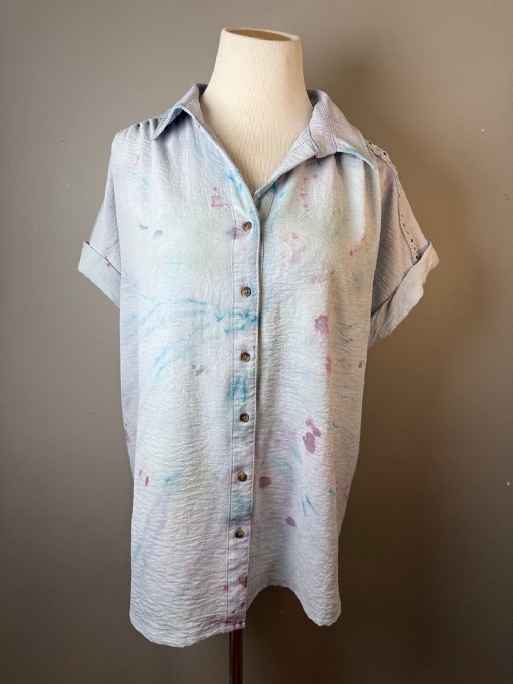 Light Blue Button-Up Short Sleeve Blouse with Subtle Watercolor Accents